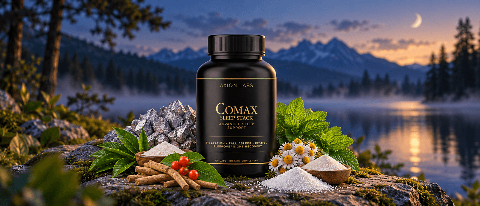 Comax Sleep Stack with magnesium, lemon balm, chamomile and ashwagandha by a lake at night